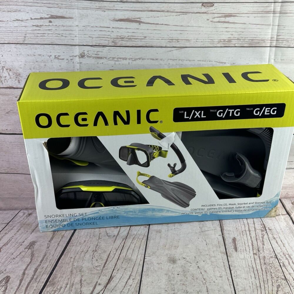 Oceanic Adult Snorkel Gear Set L XL Dry Top Mask Fins Mesh Bag Gray Yellow